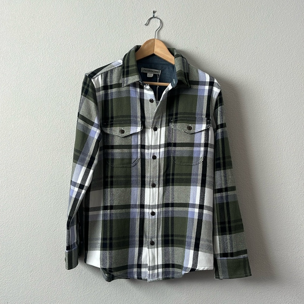 Outerknown Men's Blanket Plaid Button-Up Shirt Olive Purple Size XS